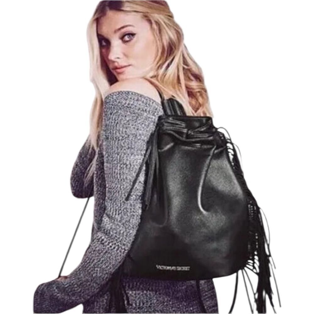 NWT Victoria’s Secret Women's Black Fringe Drawstring Backpack